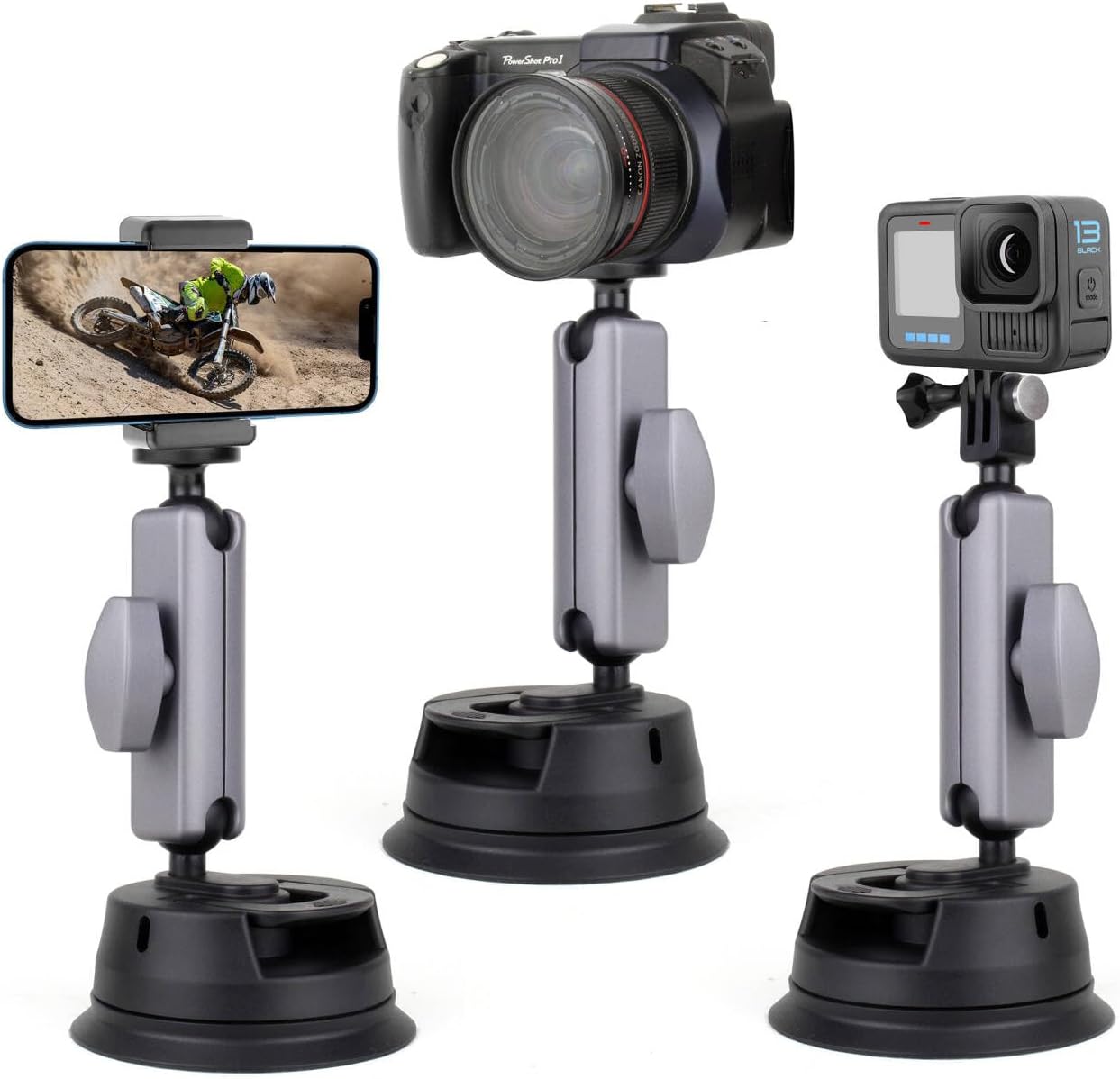 360° Rotation Camera Suction Cup Mount with 1/4'' Ball Head&Phone Holder on Car Windshield Dash for Vlogging/GPS, Quick Release Car Mount for GoPro/Insta360/DJI Action Camera/DSLR/Cell Phone