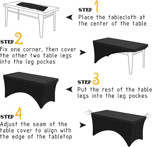 Miniatura 49 de Paquete de 2 manteles de elastano rectangulares ajustables de 6 pies, color negro, fundas elásticas, lavables, sin arrugas, para festivales