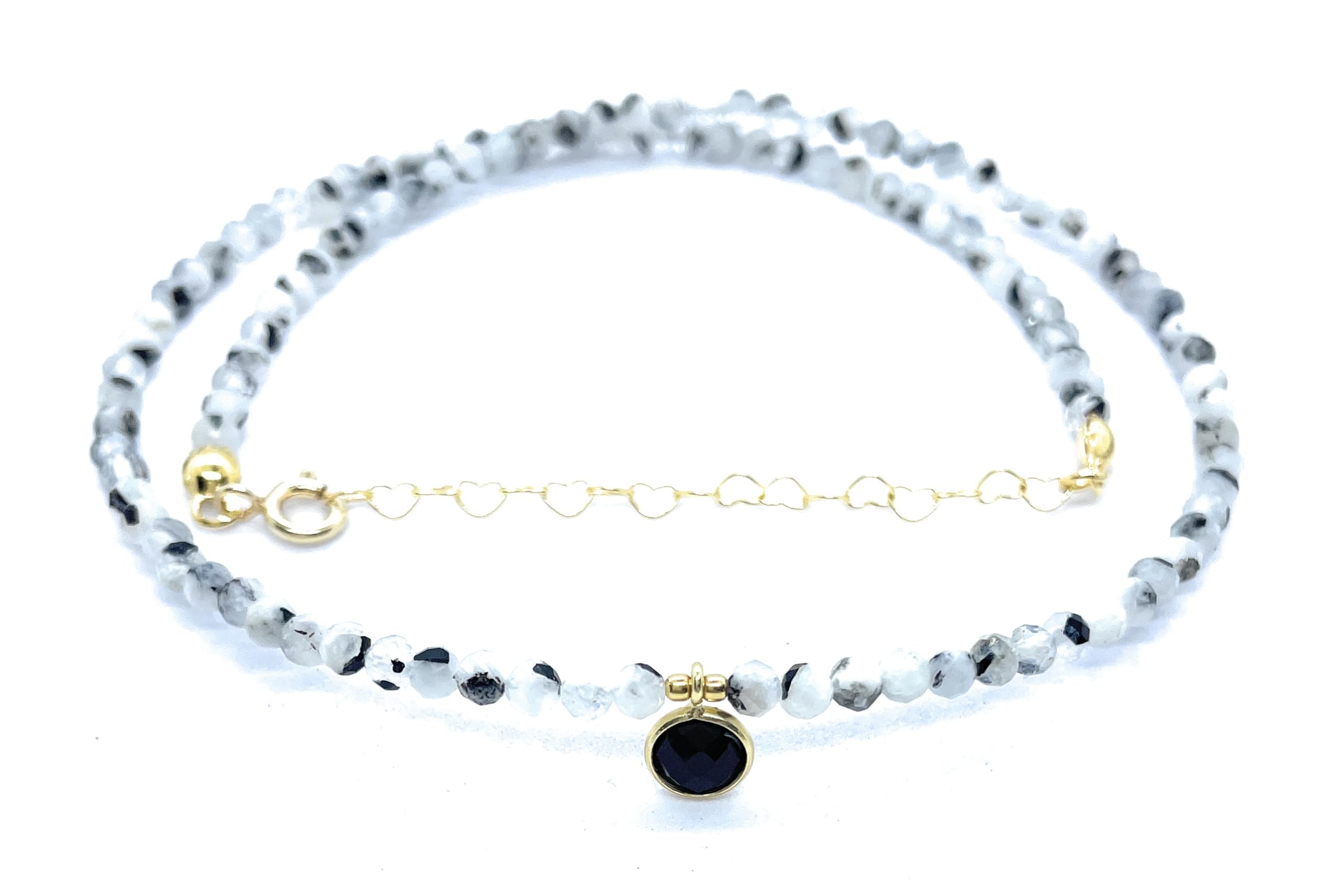 Gargantilla de Piedra Luna Natural con Turmalina Negra 3mm, Colgante de Ónix, Plata 925 Chapada en Oro 24K, 40-45cm Ajustable