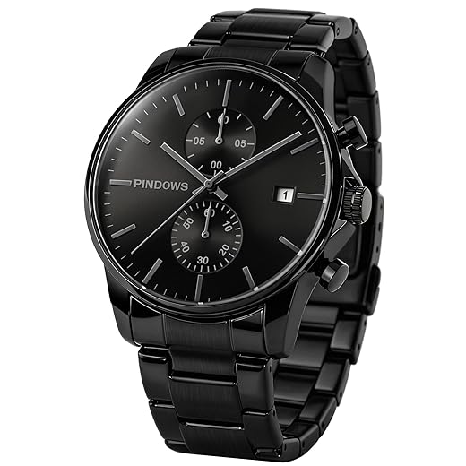 PINDOWS Mens Watches Fashion Minimalist Business Heavy Duty Stainless Steel Waterproof Chronograph Quartz Watch with Auto Date