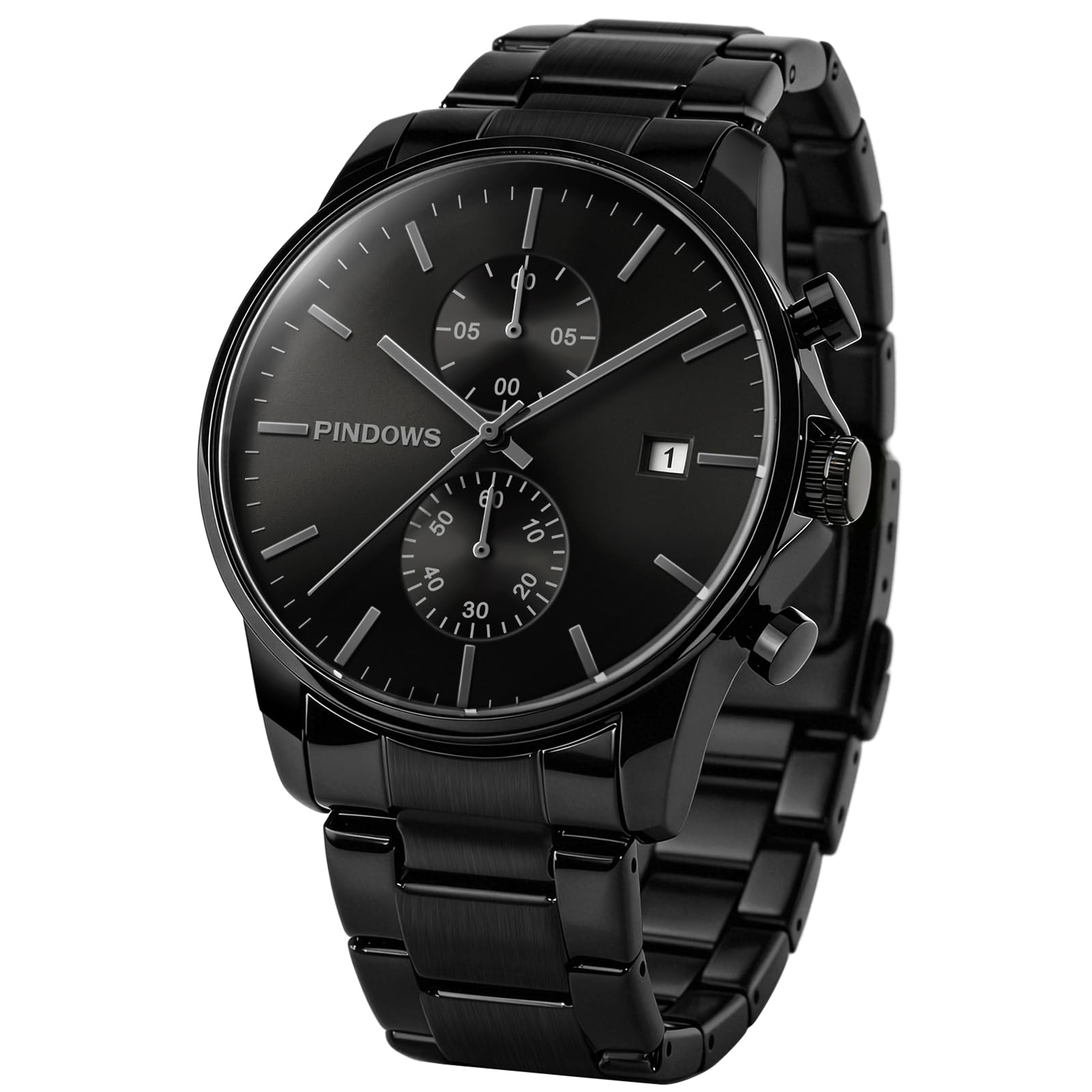 PINDOWS Schwarze Herrenuhr Minimalistischer Edelstahl Chronograph, Datum | 3ATM wasserdicht; Verstellbares Metallarmband mit Werkzeug; Perfekt für Business und Freizeit; Klares Datum