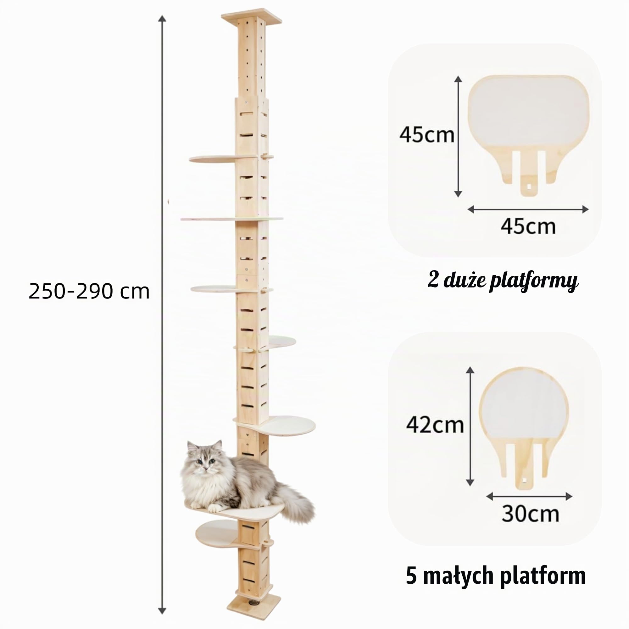 Drapak drogowy, drabinka dla kota do sufitu, z regulacją wysokości (250-291 cm), bardzo wysoka, 7-poziomowa, idealna aranżacja salonu i sypialni