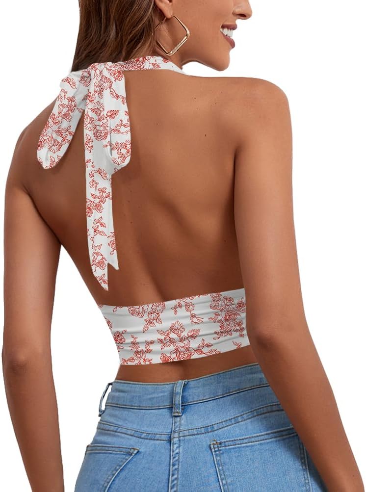 Rooscier Women's Deep V Neck Halter Tie Back Sleeveless Backless Cami Crop Top - Image 2