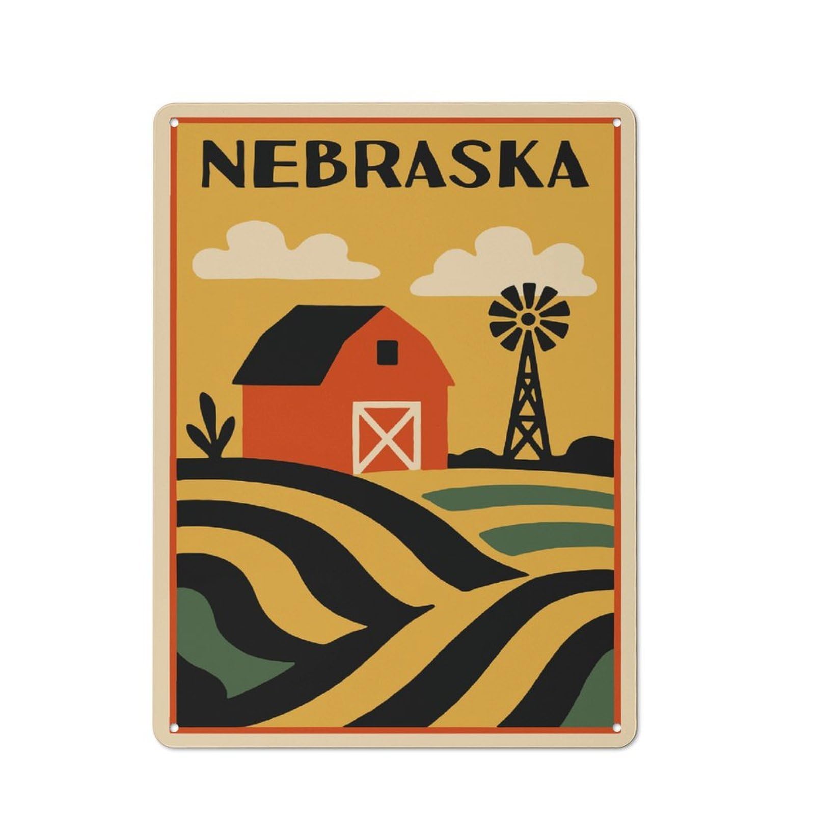 Junmoney Style-10 Metal Wall Sign 40X30cm Featuring Nebraska Farm Landscape Illustration For Garage Or Workshop, Suited To Diy Enthusiasts
