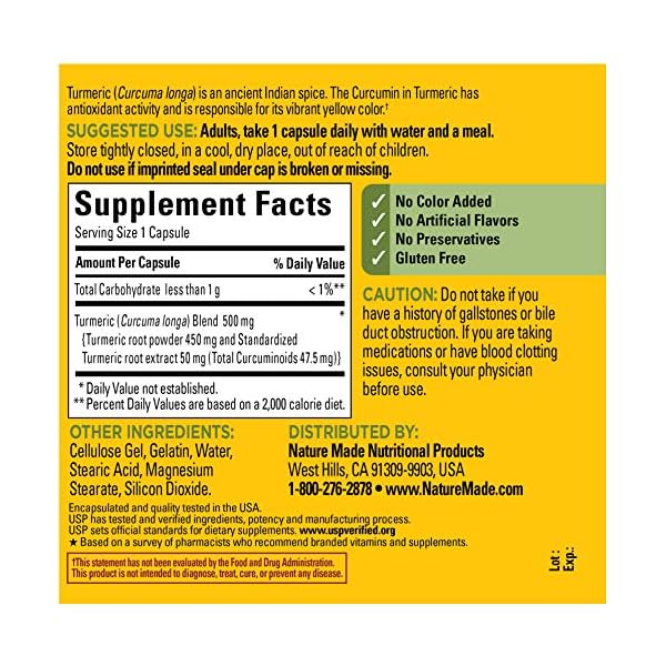 Nature Made Turmeric Curcumin 500 mg, Herbal Supplement for Antioxidant Support, 120 Capsules, 120 Day Supply