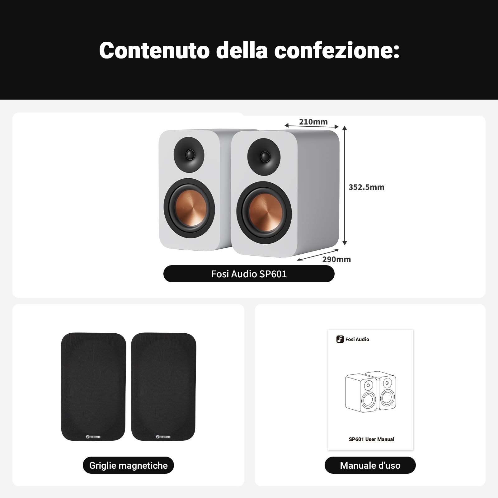 Fosi Audio SP601 Casse Passive da Scaffale, 4Ω 160W Altoparlanti Stereo HiFi con Woofer Composito HybridCone da 6,5" e Tweeter a Cupola in Seta da 1,5" per Home Theater/Sala d'Ascolto (Coppia)