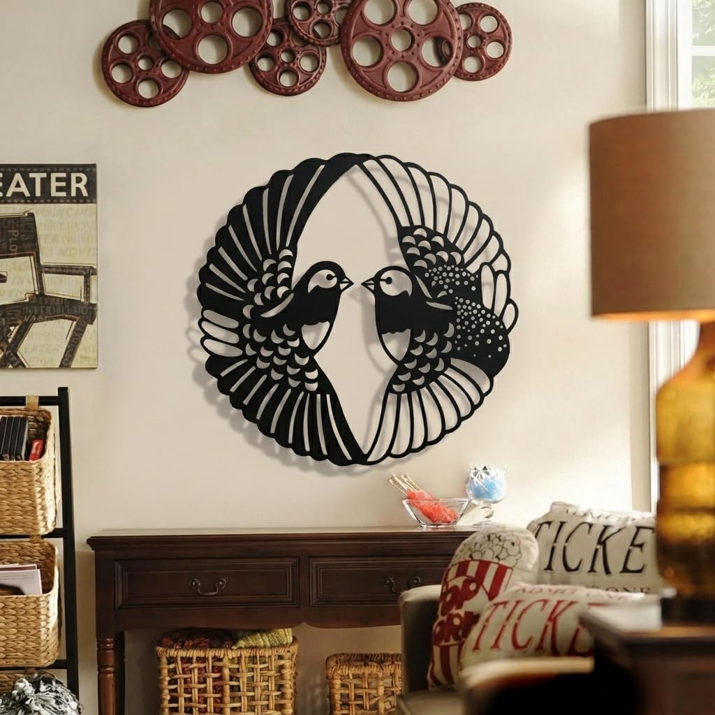 Dekadron Art mural, décor mural en métal, décor d'oiseaux en métal, pigeons deux oiseaux (71x71 cm)