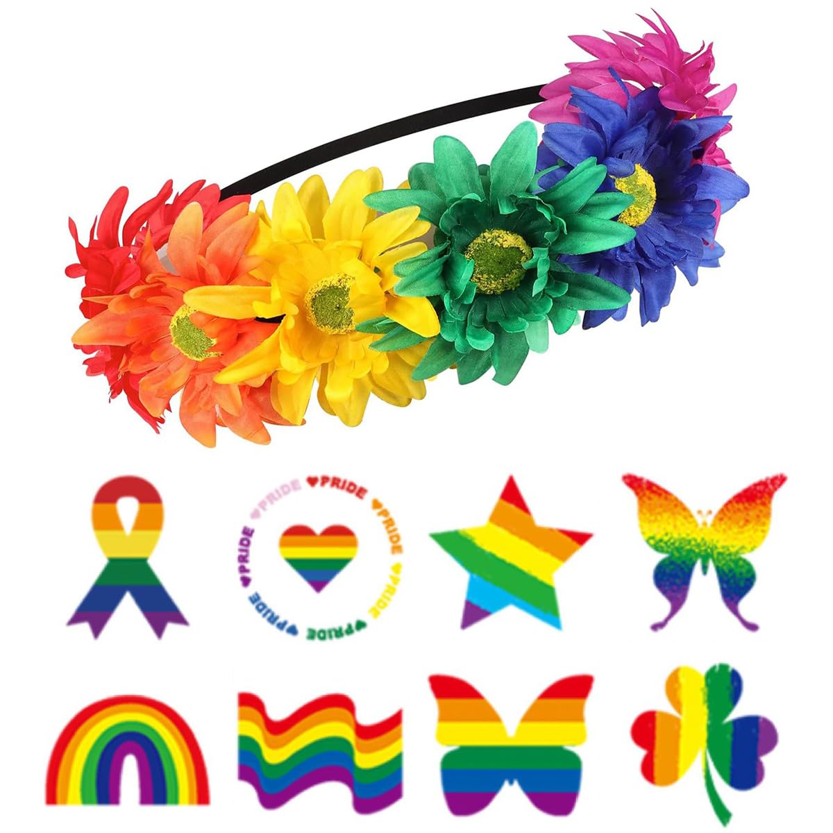 Baoximong Pride Rainbow Headband Sunflower Flower Crown Boho LGBT Outfits for Women Ribbon Gay Pride Lgbtq Bisexual Parade Accessories