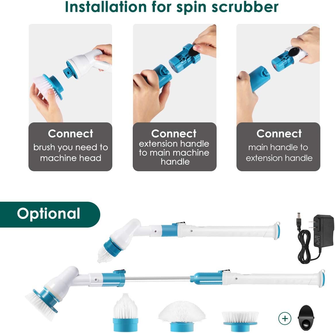 Electric Spin Scrubber, 360 Cordless Tub and Tile Scrubber, Multi-Purpose Power Surface Cleaner with 3 Replaceable Cleaning Scrubber Brush Heads, 1 Extension Arm and Adapter (Blue 20v): Industrial & Scientific