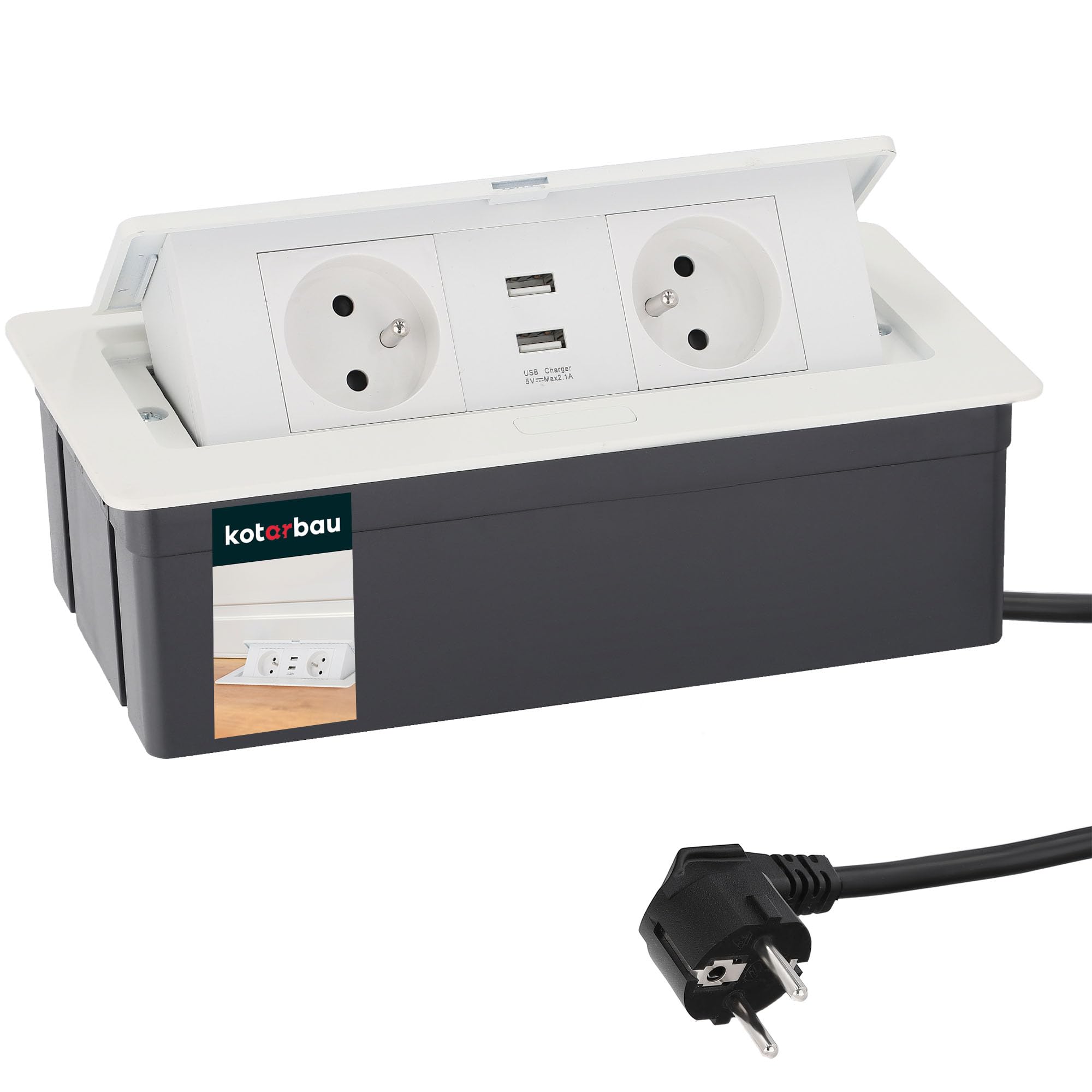 KOTARBAU® - Ciabatta elettrica a 2 prese, con porte USB, in alluminio, colore bianco