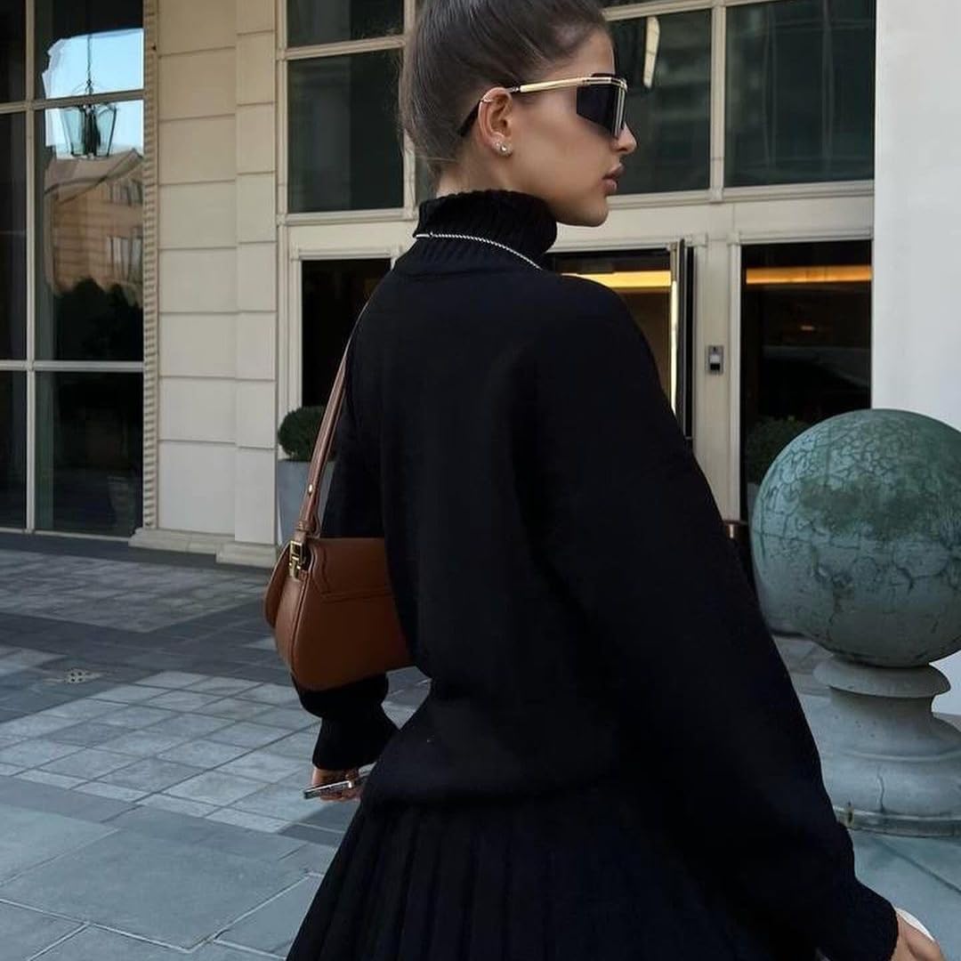 Mandonce Skirt Sets Women 2 Piece Outfits Turtleneck Oversized Sweater Sweatshirt and Pleated Mini Skirt Athleisure Set - Image 4