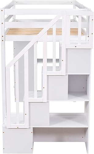 Miniatura 119 de Cama tipo loft de tamaño individual con 3 estantes, 2 armarios y 2 cajones, cama alta funcional con escalera de almacenamiento, marco de cama loft