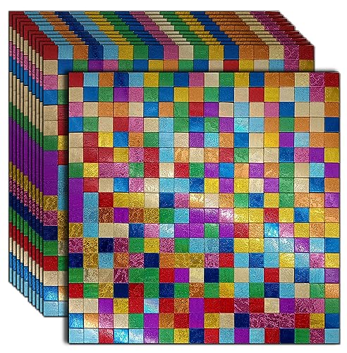 XUANINY 11-Sheet Peel and Stick Backsplash Tiles, Rainbow Square Aluminum