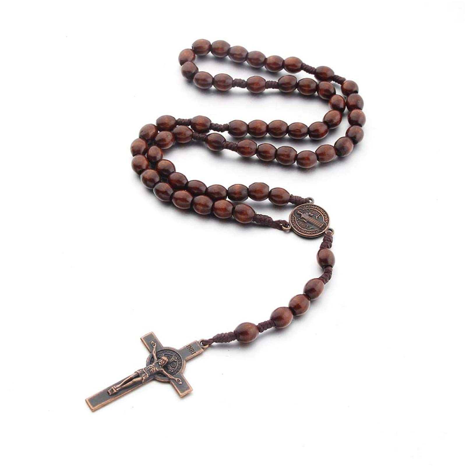 Handmade Wooden Wood Beads Catholic Rosary Crucifix Cross Pendant Necklace Bethlehem Christian Prayer Holy Jerusalem Holyland Y Necklace for Women Men Unisex Jewelry Gift