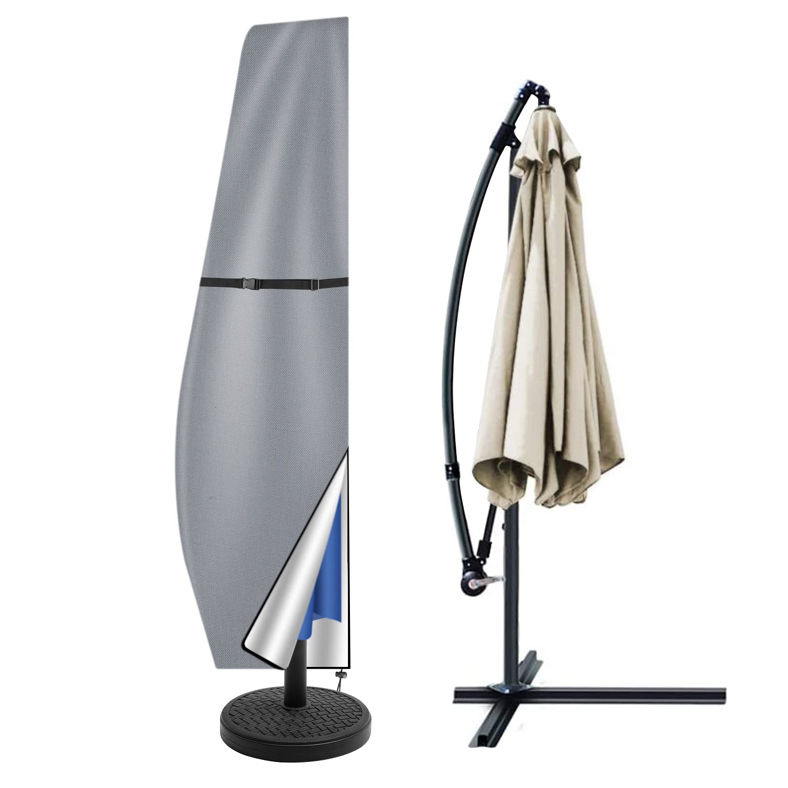 Teynewer Grey Parasol Cover Waterproof, Cantilever Parasol Protective Covers With Telescopic Pole And Zipper Fit For 2 To 4 M Large Umbrella Patio Parasol Weatherproof Uv-Anti Windproof,
