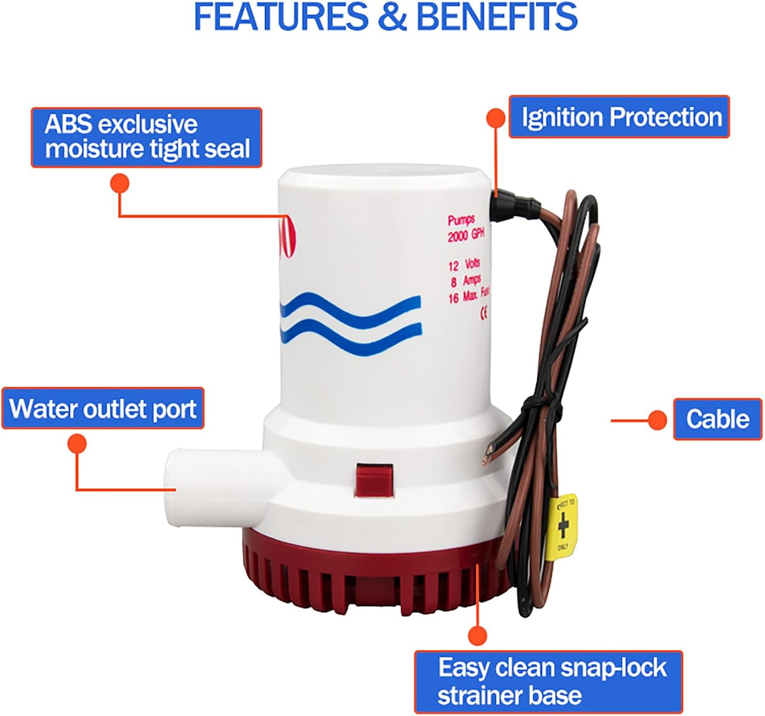 12V 2000GPH Electric Bilge Pump Marine Boat Submersible Water Pump Non-Automatic