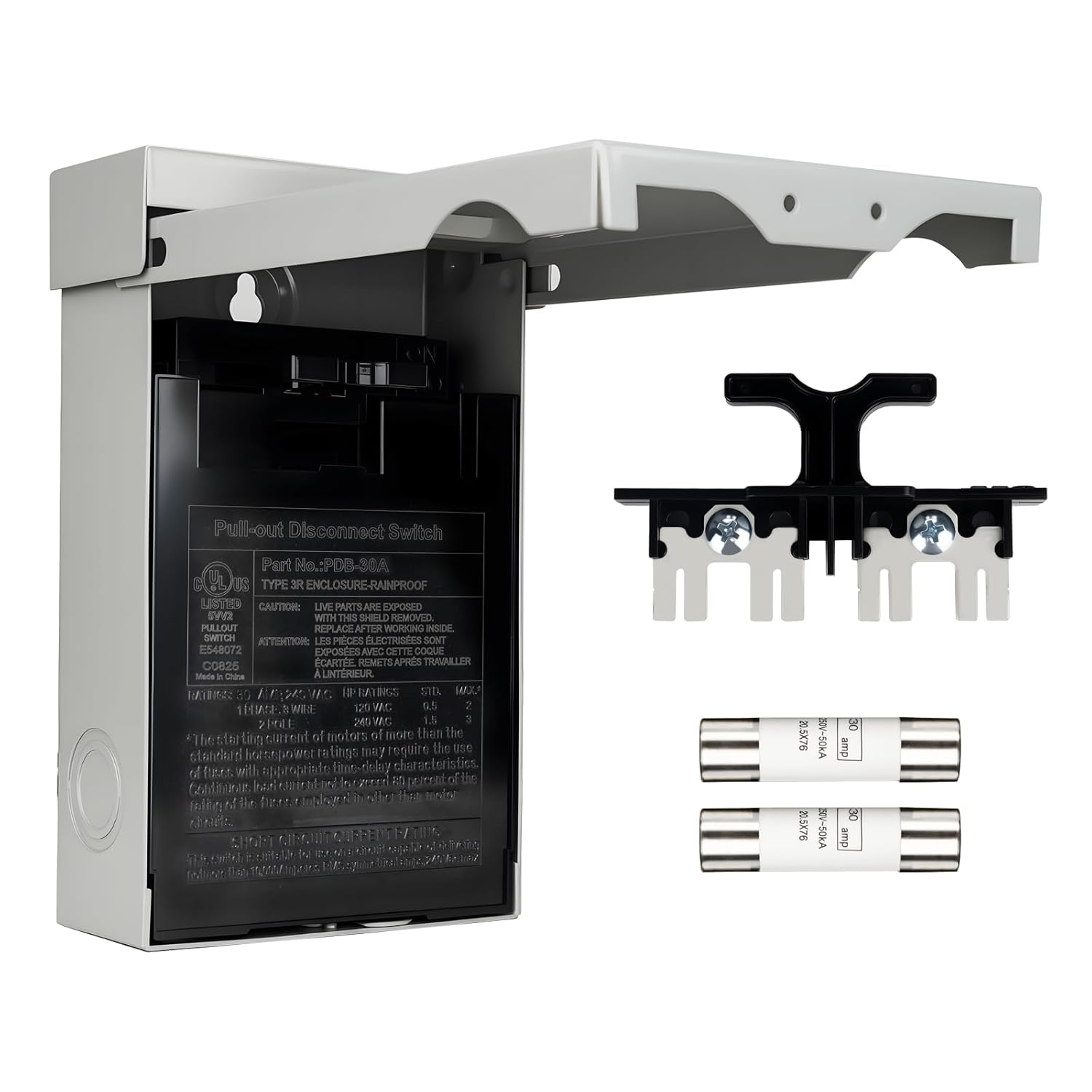 30 Amp Disconnect Box with Fuses,Outdoor Waterproof Metal Enclosure with Pull-Out Switch,UL Listed, AC Disconnect for Air Conditioning ＆ Home HVAC (Fuse Included) (30 Amp)