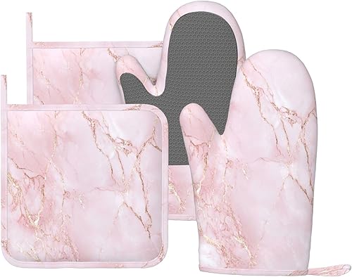 Miniatura 26 de Manoplas de horno y agarradores de ollas de mármol blanco y oro de silicona, accesorios de cocina de 4 piezas, guantes largos resistentes al calor