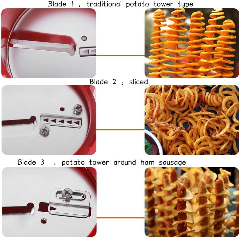 3 in1 Potato Tower Machine Manual Tornado Potato Chips Slicer Machine Spiral Twister for Sweet Potatoes Carrots Radishes Cucumbers (Stainless Steel Shell Red ABS Plastic Cylinder)