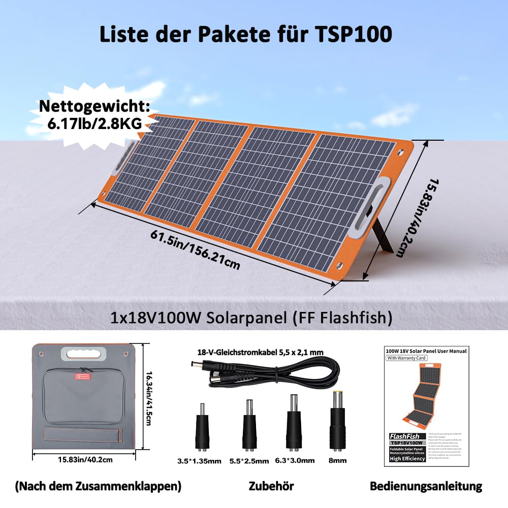 FlashFish 300W Tragbares Powerstation mit Solarpanel 100W, 179,2Wh LiFePO4 Akku, Schnellladung 0–80% in 1 Std, EPS-Funktion,Multifunktions Solar Generator für Camping, Draußen, Reisen, Notfälle