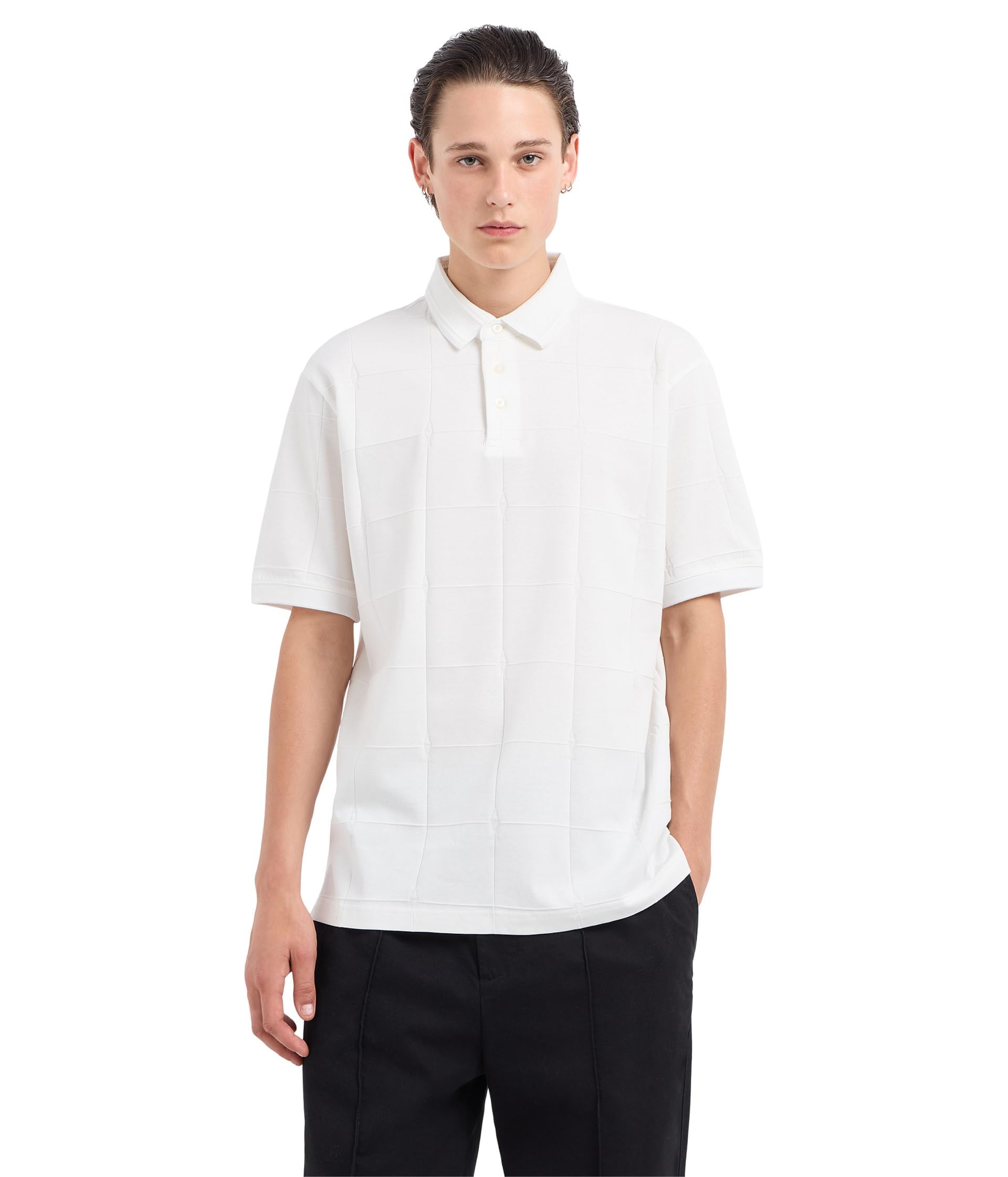 Armani Exchange Men's Cotton Jacquard Grid with Stacked Ax Logo Polo Shirt, Off White, L