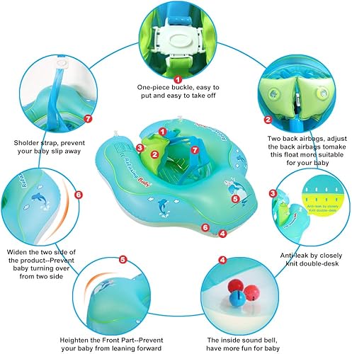 Vista 5 de Anillo de natación con bolsillo de asiento ajustable, flotadores de piscina para bebés, bola flotante extraíble, anillo de natación para bebés de 6