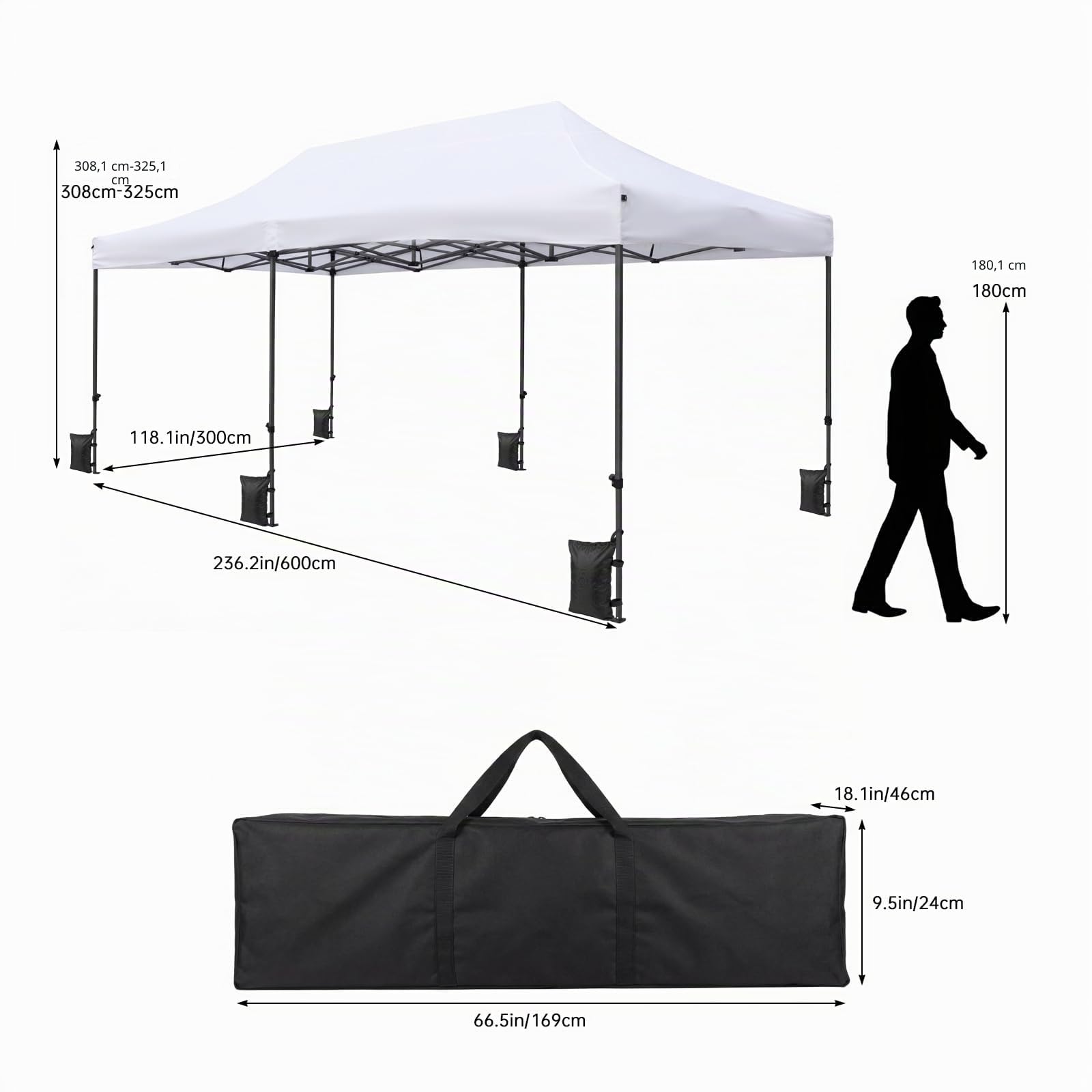 VOWNER Gazebo 3x6m Pieghevole Impermeabile, Gazebo Esterno Resistente Pop-up Regolabile in Altezza, Giardino Protezione UV 50+,Padiglione con Borsa, Bianco