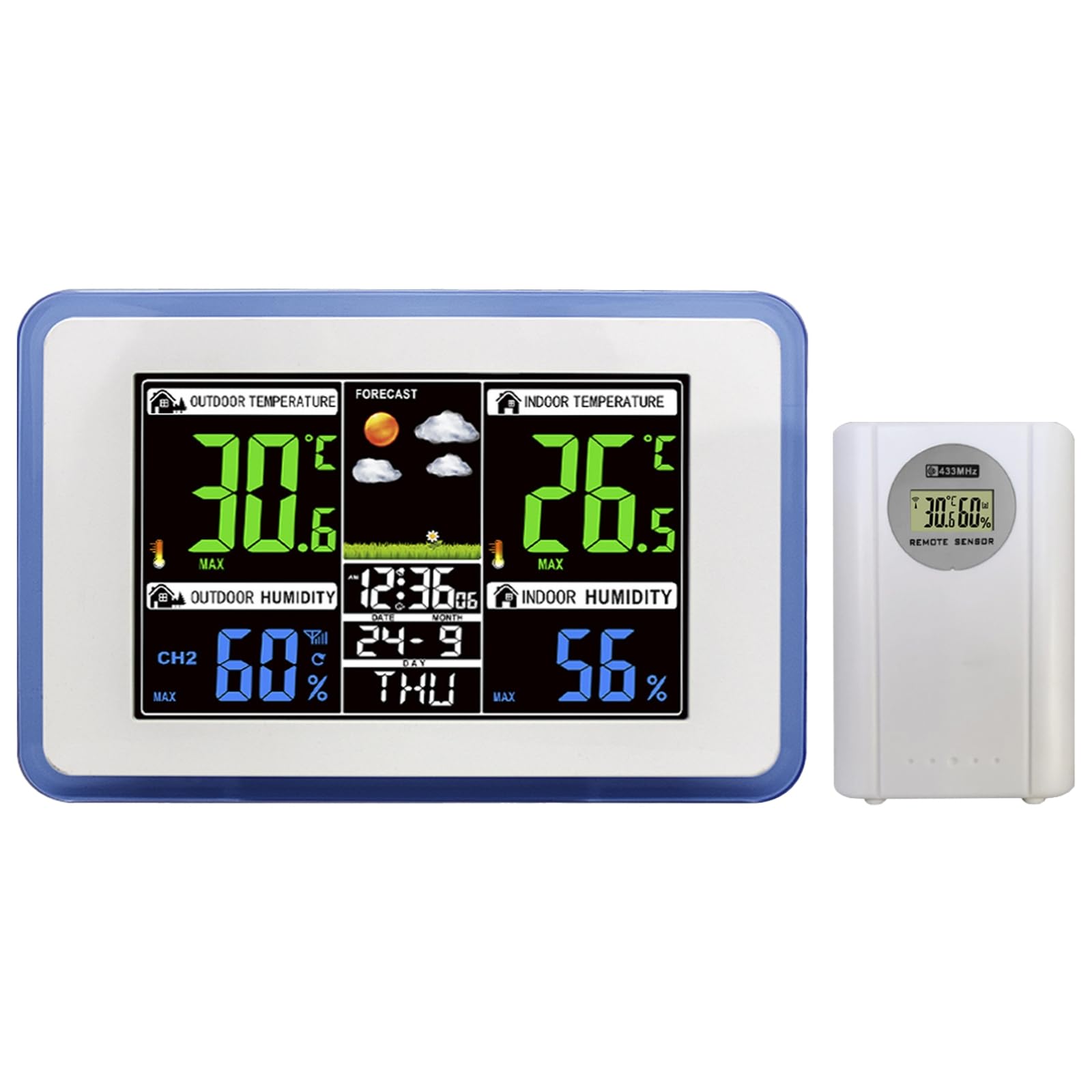 Termómetro digital de pared atómico con sincronización, pantalla meteorológica a color interior con temperatura y humedad exteriores, certificado CE, hora de día de semana con visualización
