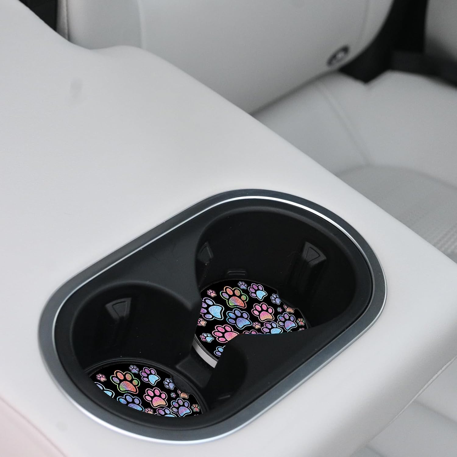 2 Pack Absorbent Car Coasters for Cup Holders,Gradient Black Dog paw Print Ceramic Coasters with Cork Back and Finger Slot,2.56" Auto Accessories for Women & Men.