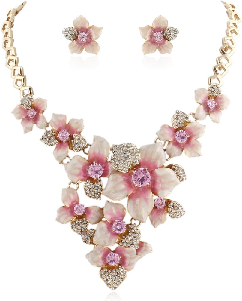 EVER FAITH Women's Austrian Crystal Enamel Camellia Flower Necklace Earrings Set