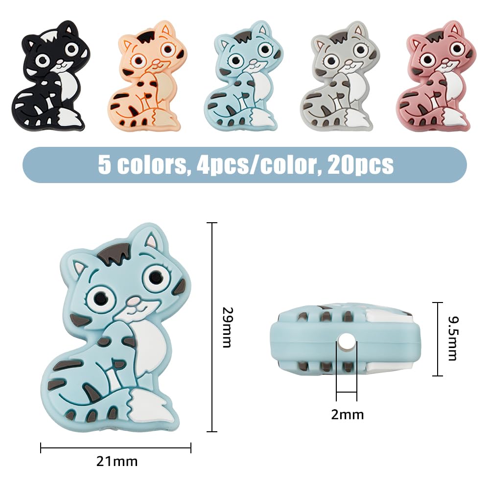 DICOSMETIC 5 Colors Cat Silicone Beads 20Pcs Character Focal Silicone Beads Animal Silicone Loose Beads for Pen Keychain Jewelry Making Craft Hole: 2mm - Image 2