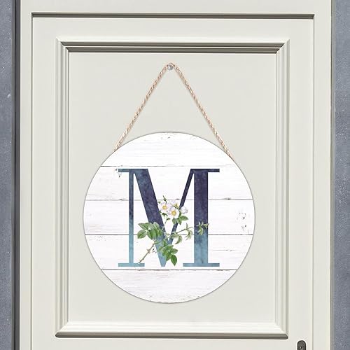 Miniatura 5 de Letrero de bienvenida para porche delantero, monograma, inicial, M, redondo, azul, letreros, de madera, alfabeto, blanco, floral, colgante, de
