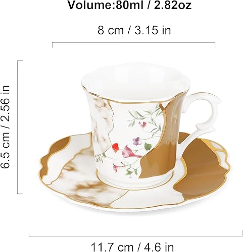Miniatura 6 de fanquare Juego de 6 mini tazas de café de 2.7 onzas para expreso, tazas de té de porcelana floral con patrón de mármol, tazas y platillos de