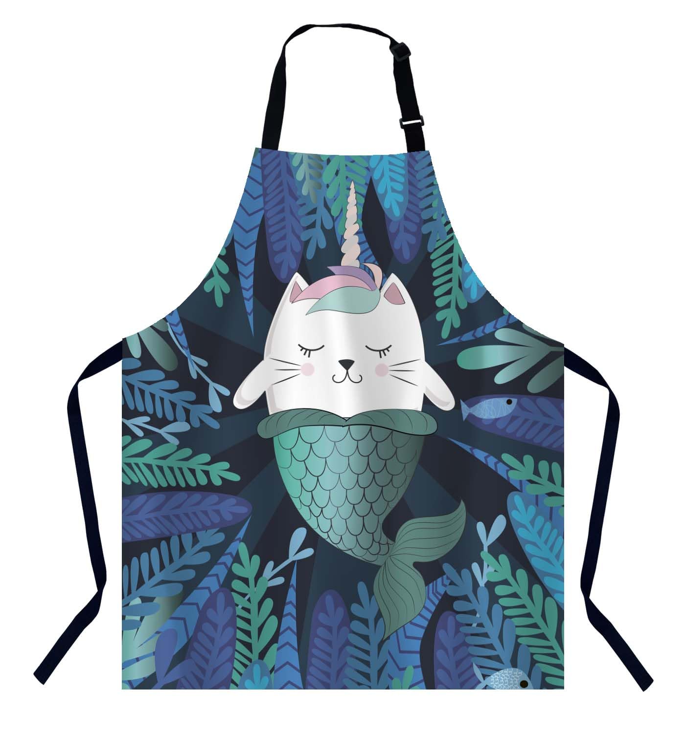 BGBDEIA Fun Magic Cartoon Cat Unicorn and Mermaid Apron for Women Men, Adjustable Apron Cooking Kitchen Chef Apron for Home Kitchen, Baking Gardening BBQ, Coffee House, Restaurant
