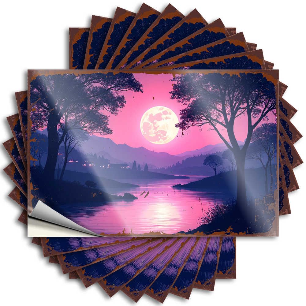 Full Moon Reflecting On Serene Lake At Twilight Tattoo Tiki Bar Decorations Self Adhesive | Square Cover Vinyl Sticker Pack for Outside(8X12CM)
