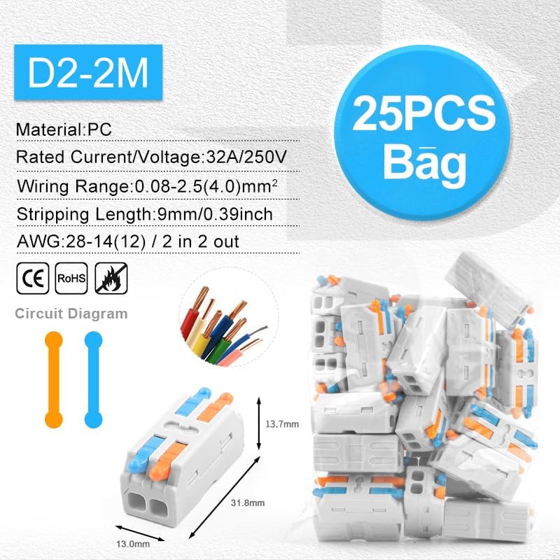 Quick Electrical Lever Wire Connectors 2 Port 3 Port Cable Spring Splice Compact Clamp Wiring Terminal Connector(D2-2M 25PCS)