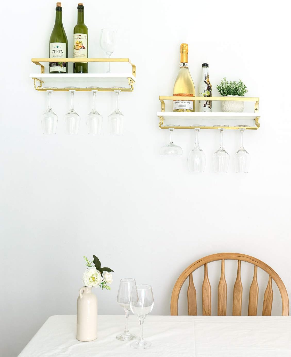 Mkono Wall Mounted Wine Rack Set of 2 White Wood Wine Bottle Glass Holder Floating Shelves with Stemware Hanger Modern Plants Photos Wine Display Storage Holder for Kitchen Dining Room Bar, 17 Inch