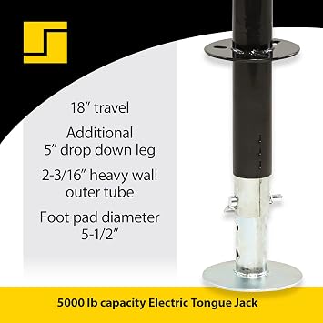 Stromberg Carlson JET-5000 Electric Tongue Jack - Heavy Duty Jack with Motor Protection, 18 Travel & 5 Drop Down Leg, Stabilizing, Leveling & Lifting for RVs, Campers, Utility Trailers, 5000 lb
