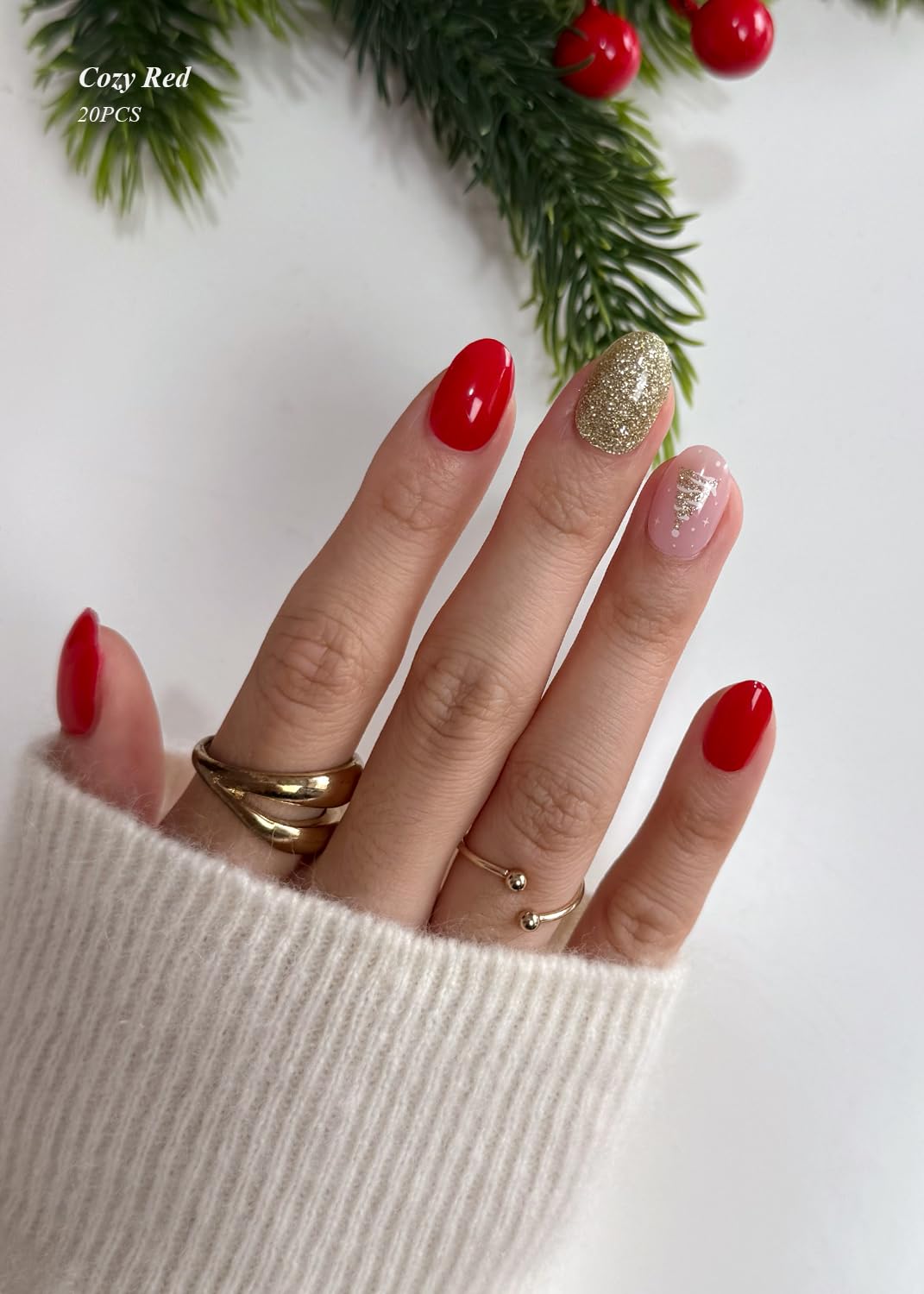 AutyaMee Lot de 20 bandelettes de gel semi-durcies (rouge douillet), sapin de Noël, autocollants, qualité salon, durable, fonctionne avec toutes les lampes UV
