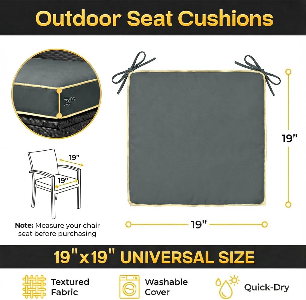 4 Pack Square Outdoor Seat Cushions - Heavy Duty Foam Patio Chair Pads for Lawn, Garden, Camping - All Weather Furniture Covers (Gray, 19 INCH × 19 INCH)