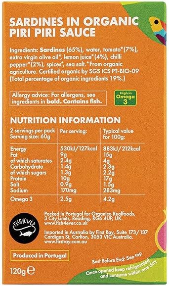 Fish 4 Ever | Sardines in Organic Piri Piri Sauce – Sustainably Fished in Portugal, Canned in Spicy Organic Sauce, High in Omega-3, Clean Ingredients, Ready-to-Eat Tin Fish|120g (Pack of 2)
