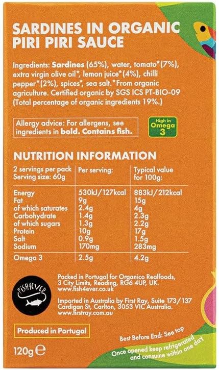 Fish 4 Ever | Sardines in Organic Piri Piri Sauce – Sustainably Fished in Portugal, Canned in Spicy Organic Sauce, High in Omega-3, Clean Ingredients, Ready-to-Eat Tin Fish|120g (Pack of 2)
