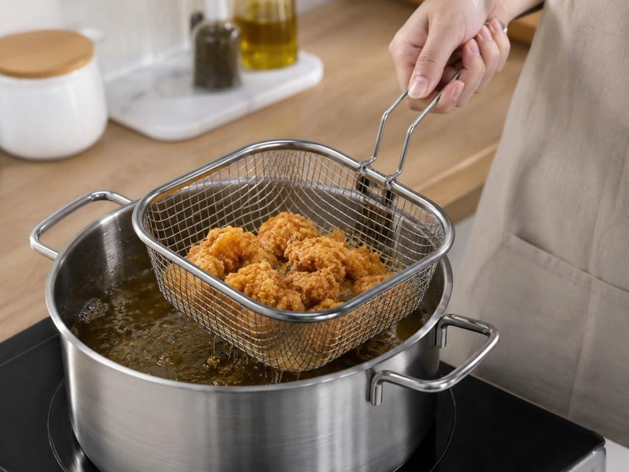 Stainless Steel Deep Fryer Basket with Handle | Wire Mesh Frying Basket for French Fries, Chicken & Snacks | Oil Strainer Basket for Home Kitchen & Restaurant Use-image-19