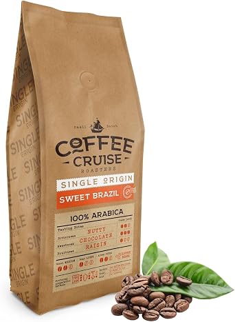 COFFEE CRUISE Sweet Brazil Brazilian Coffee Beans 1kg - Medium Roasting - Aroma Cocoa and chocolate - For All Coffee Machines - 100% Arabica
