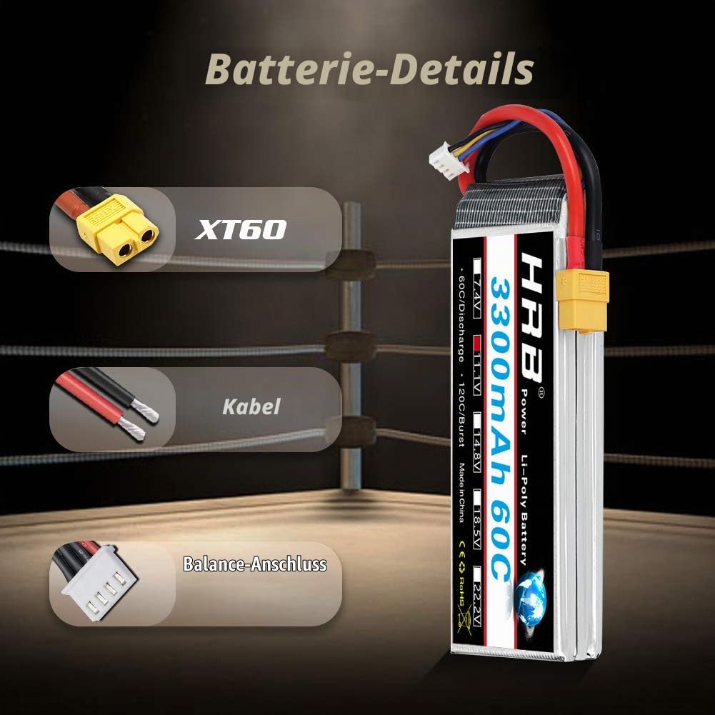 HRB 3300 mAh 11.1V 60C 3S Lipo Battery Pack with xt60 Plug for Model Making RC Car Heli Plane Boat Truck FPV Car Helicopter Airplane Such as asy Glider, Fun Cup, Foam Waffles, Trojan, Park Zone