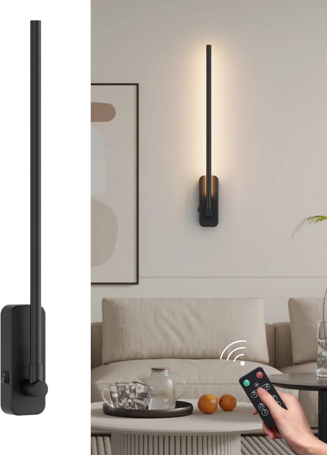 Aipsun Battery Operated Wall Sconces,Wireless Wall Light with Remote Control Rechargeable Black Battery Wall Sconce 350°Rotate,Dimmable LED Wall Lights for Living Room,Bedroom (3000K)