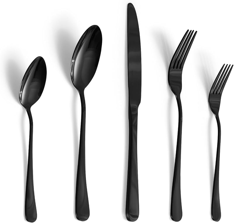 18/10 Stainless Steel Black Silverware Set for 8 | 40 Piece Heavy Duty Flatware Utensils Set | Mirror Polished | Dishwasher Safe | Premium Cutlery for Home Kitchen Wedding