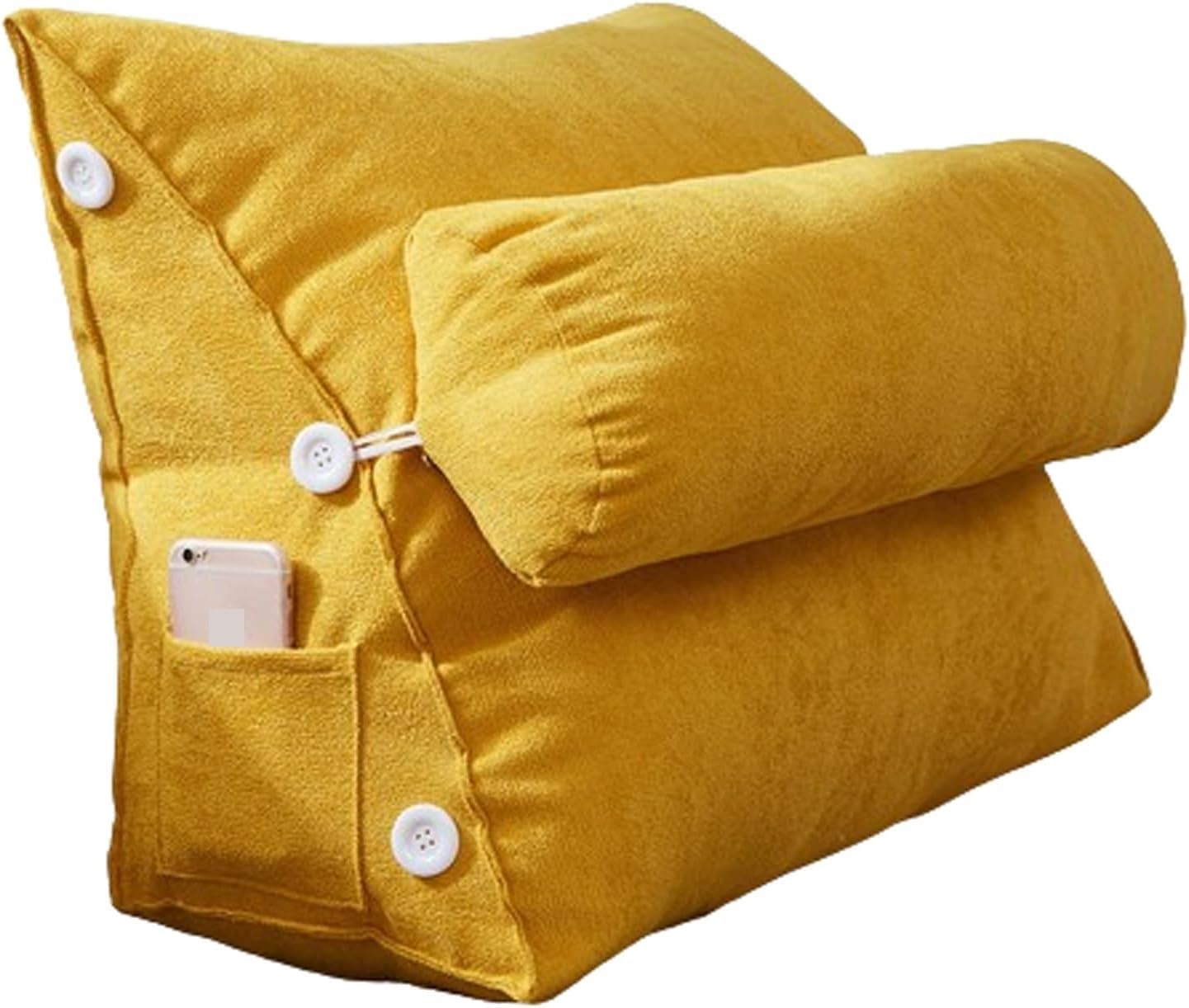 シングルヘッドボード三角読書枕、 取り外し可能なプラッシュ無地付き三角形ベッドレストソファ腰部首背部サポート(Yellow,18in