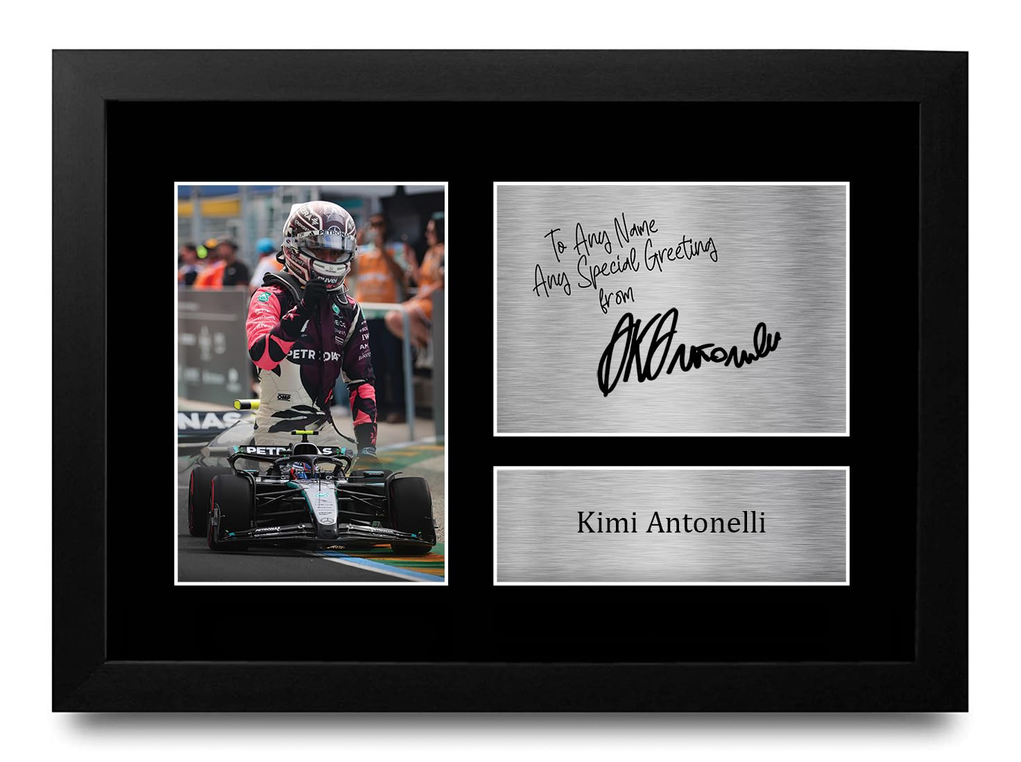 HWC Trading Kimi Antonelli Mercedes Personalised Gift - Signed Autograph Picture, Framed A4 F1 Memorabilia with Custom Name Message for Birthday Christmas Wedding