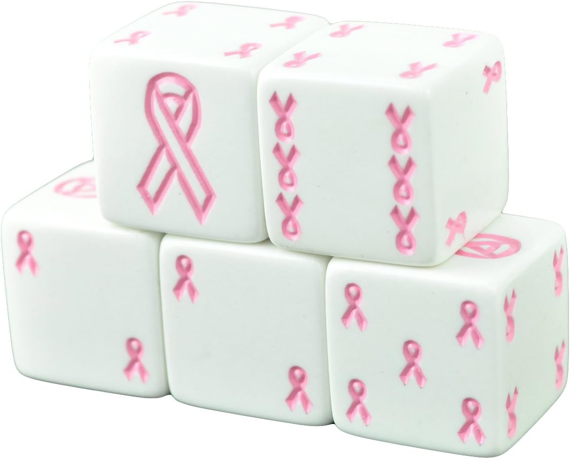 Set of 5 White Dice 19mm Pink Ribbon Breast Cancer Awareness with Snow Organza Bag